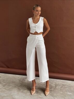White Asymmetric Wrap Wide-Leg Pants